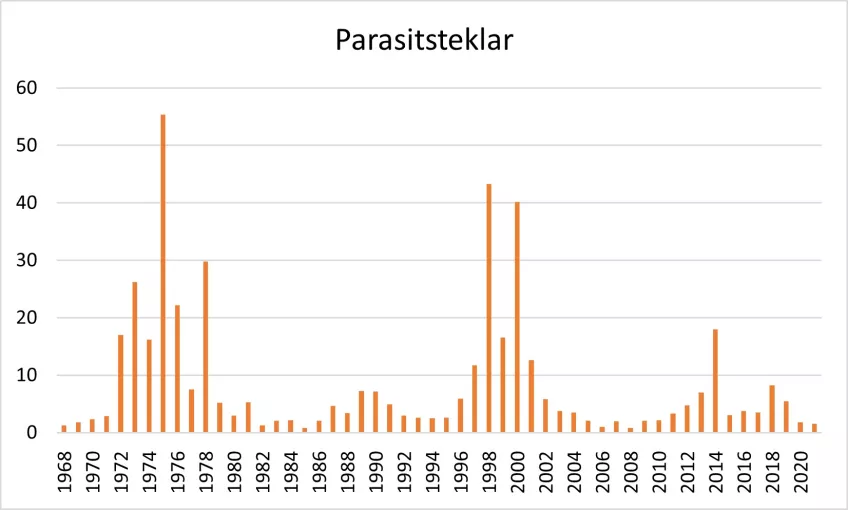 Antal parasitsteklar per tusen kortskott av björk. Diagram.